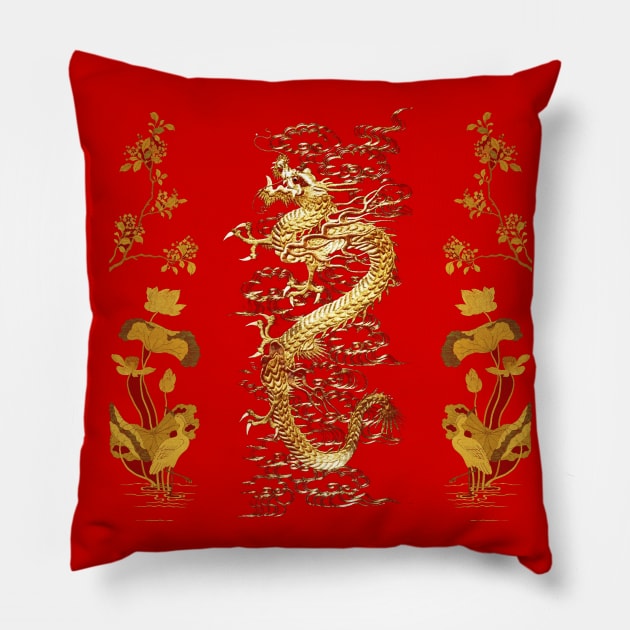 GOLD DRAGON IN RED,Egret,Lotus,Green Gold Floral Pillow by BulganLumini