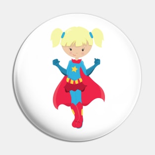 Superhero Girl, Cute Girl, Blonde Hair, Red Cape Pin