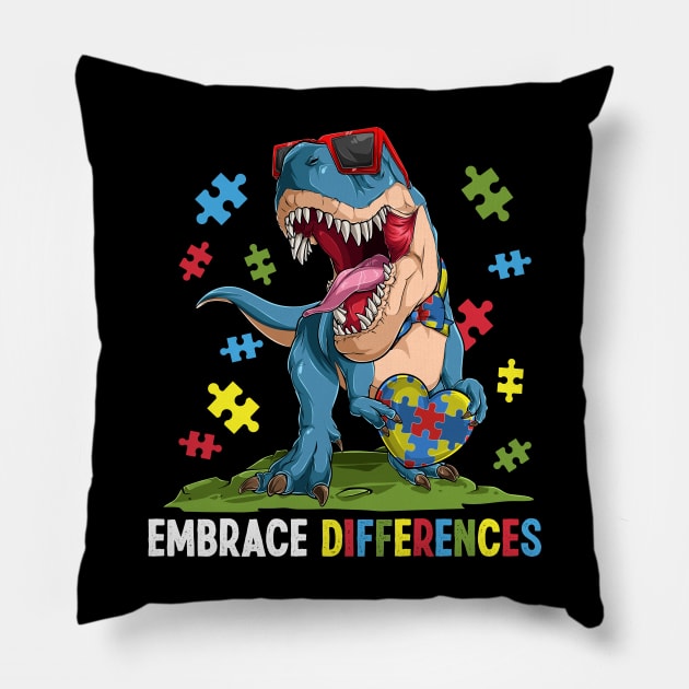 Embrace Differences Autism Awareness Dinosaur Puzzle Pillow by peskyrubeus