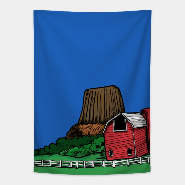 Devils Tower Wyoming and a Red Barn Tapestry by silentrob668