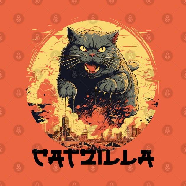 Catzilla Vintage Funny Cute Cat Art Japanese Sunset by Happy Lime