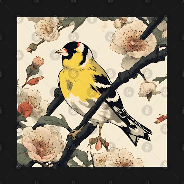 Vintage Goldfinch Bird Dad Bird Watching in Japanese Sakuras by wigobun