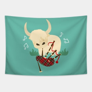 Highland Cattle Play Bagpipes - White Tapestry
