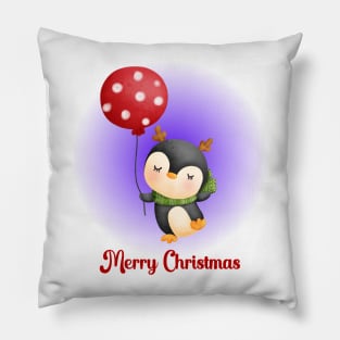 Merry Christmas Cute Penguin and Red Balloon Pillow