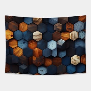 Geometric Timber: Crystalline Hexagons in Amber and Blue Tapestry