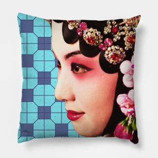 Chinese Opera Star with Blue Tile Floor Pattern- Hong Kong Retro Pillow