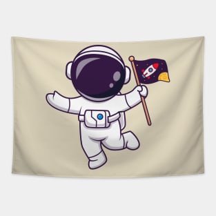 Cute Astronaut Floating With Space Flag Cartoon Tapestry