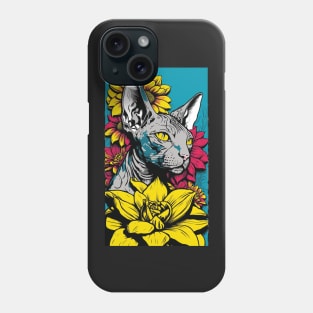 Sphynx Cat Vibrant Tropical Flower Tall Retro Vintage Digital Pop Art Portrait 3 Phone Case