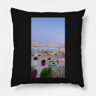 Cafe on the beach at sunset Pillow