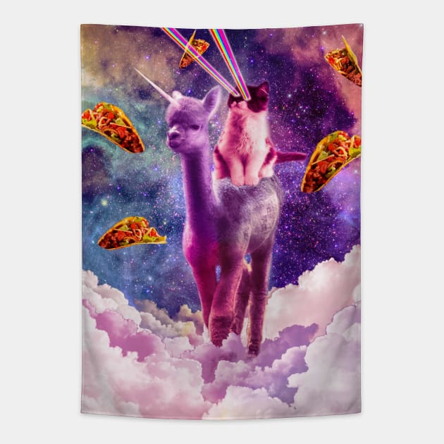 Cosmic Cat Riding Alpaca Unicorn Tapestry by Random Galaxy