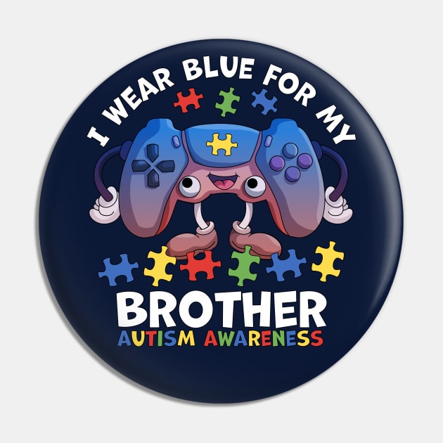 I Wear Blue For My Brother Autism Awareness Gaming Controller Pin by OrangeMonkeyArt