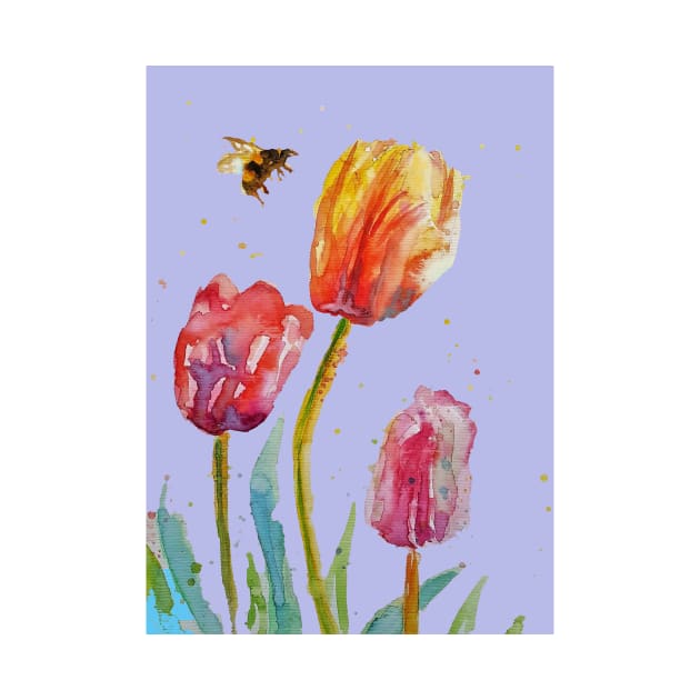 Tulip Flower Watercolor Painting and Bee on Lavender purple by SarahRajkotwala