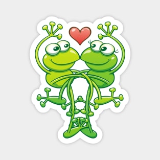 Sweet couple of green frogs intertwining their arms and legs while madly falling in love Magnet