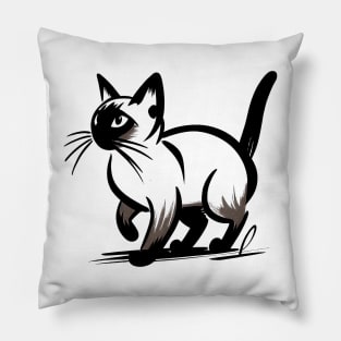 Stick figure Siamese cat in black ink Pillow