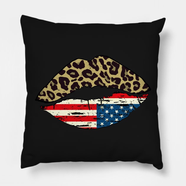 Leopard Patriotic Kiss,4th of July,American flag lips, Cheetah Pattern & American Kiss Pillow by WassilArt