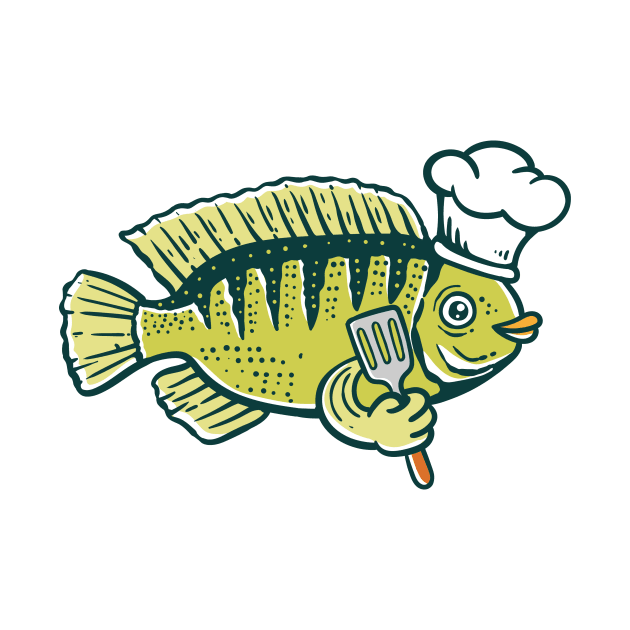 illustration of a fish wearing a chef's hat and holding a spatula by Rantang Kecil