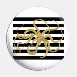 Gold Octopus on Black & White Stripes Pin