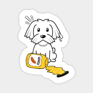 Funny white dog spills a jar of mustard Magnet