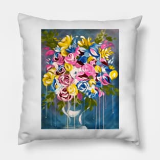 Bright Flowers on Blue,  floral pillows, tote bag, pouch, handbag, pink, blue, yellow, bright modern flowers, abstract floral decor Pillow