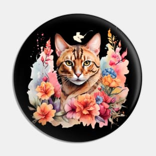 A bengal cat decorated with beautiful watercolor flowers Pin