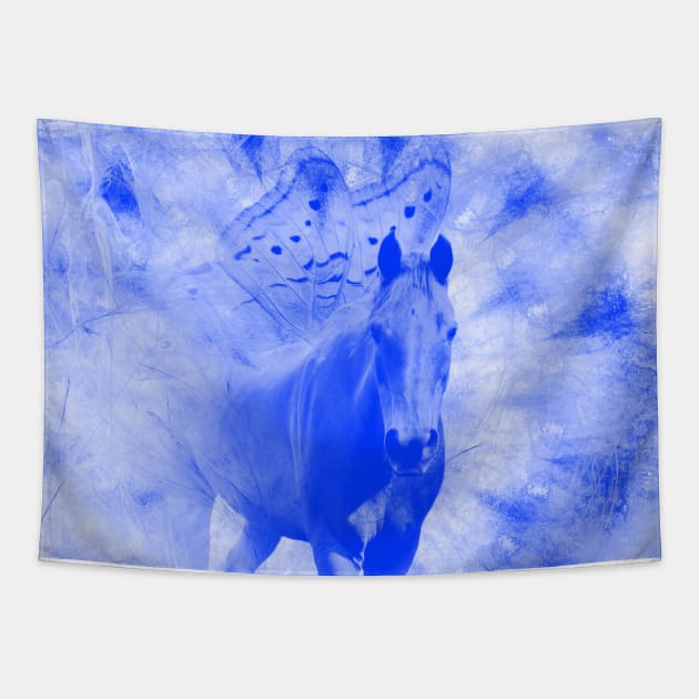 Blue pegasus in mysterious mandala landscape Tapestry by hereswendy