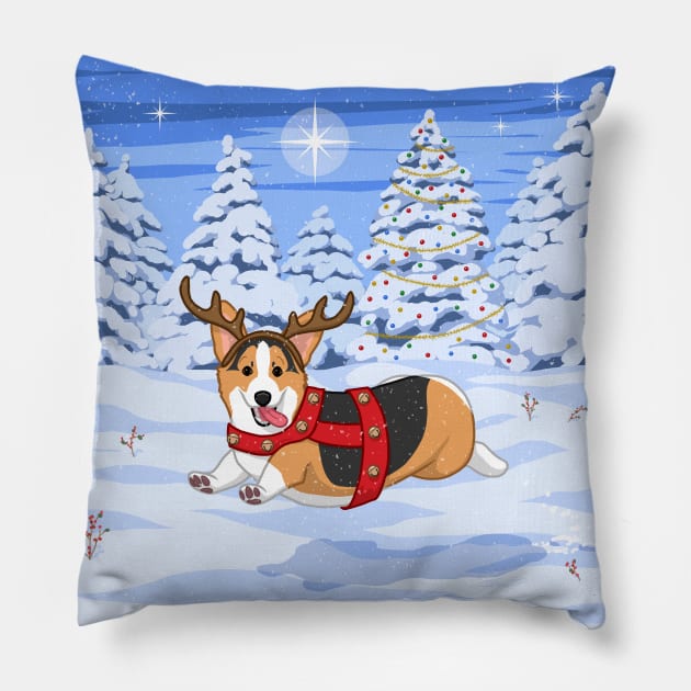 Cute Red Tricolor Corgi in Christmas Reindeer Costume Pillow by csforest