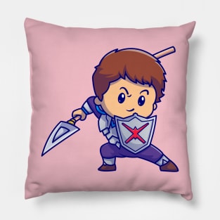 Cute Boy Knight With Shield And Spear Cartoon Pillow