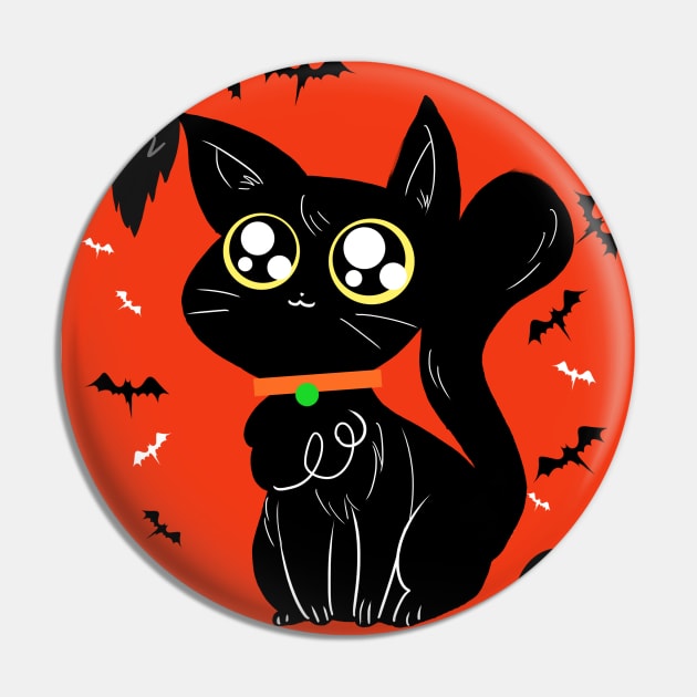 Happy Halloween - Orange and Black Big Eyed Cat Pin by saradaboru