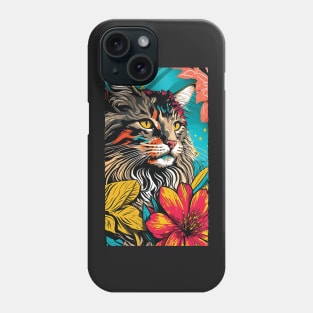 Maine Coon Cat Vibrant Tropical Flower Tall Retro Vintage Digital Pop Art Portrait Phone Case