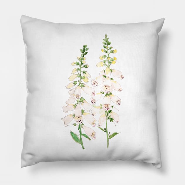 2 white foxgloves flowers blossom ink and watercolor Pillow by colorandcolor