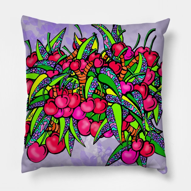 Cherry Fantasy - Plump Ripe Cherries with Flower Leaves in a Purple Sky Pillow by RhondaChase