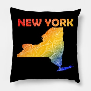 Colorful mandala art map of New York with text in blue, yellow, and red Pillow