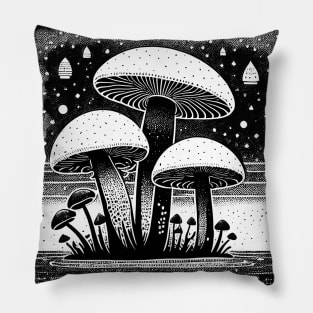 Black and White Mushroom Lino Print Pillow