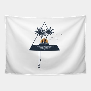 Island. Palms In Triangle. Beach, Summer, Vacation. Creative Illustration Tapestry