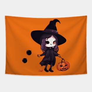 ff5e00 Witchcraft horror anime characters Chibi style +Halloween dark horror Tapestry