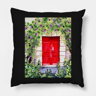 Rustic Red Door in the Woods Surrounded by Flowers Pillow