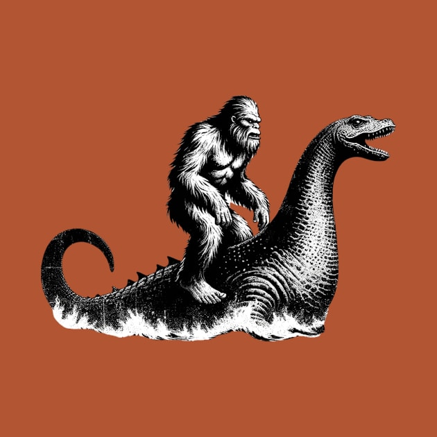 Bigfoot Riding Loch Ness, Funny Sci-Fi Sasquatch by ThatVibe