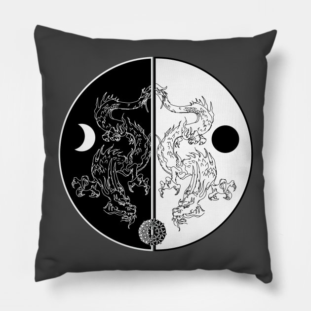 Double Dragon Yin Yang Pillow by Overcast Studio