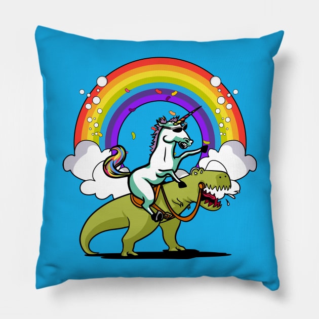 Unicorn Riding T-Rex Dinosaur Party Pillow by underheaven