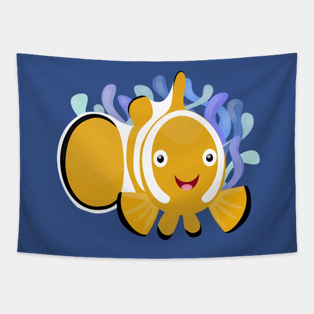 Cute happy clownfish anenome cartoon Tapestry by FrogFactory