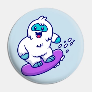 Cute Yeti Surfing In The Snow Cartoon Pin