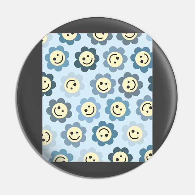 Blue Flower Happy Faces Pin by gray-cat