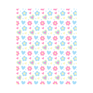 Retro Flowers and Hearts Pattern in Pink, Yellow, Light Blue T-Shirt