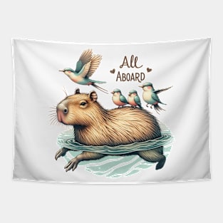 All Aboard Capybara Swimming with Birds Tapestry