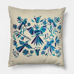 Blue otomi tenango mexican fabric birds and flower embroidery interior design Pillow