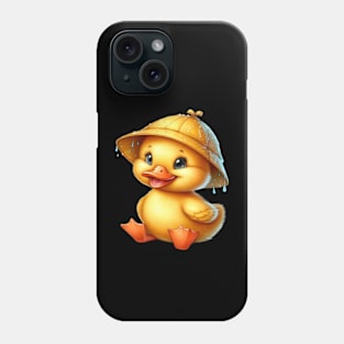 Cute Yellow Duck sitting in the rain wearing a rain hat. Phone Case