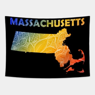 Colorful mandala art map of Massachusetts with text in blue, yellow, and red Tapestry