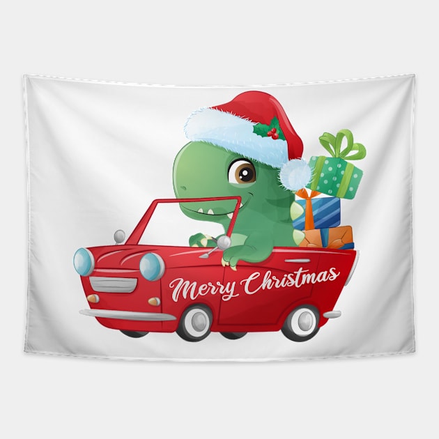 Cute Christmas T Rex Dinosaur In A Car Filled With Gifts Tapestry by P-ashion Tee