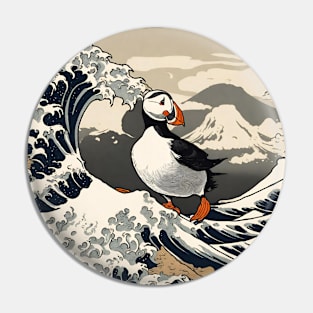 Vintage Retro Puffin Bird Surfing in the Great Wave Japanese Culture Pin