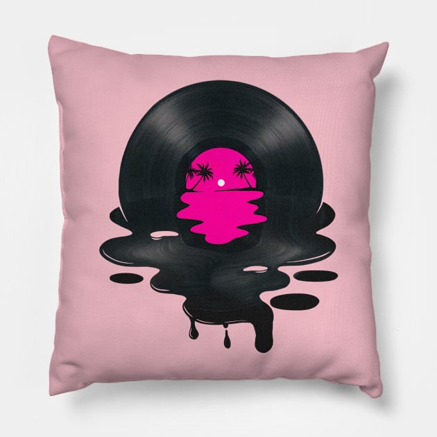 Vinyl LP Music Record Beach Sunset Pink Pillow by jayaadiprastya